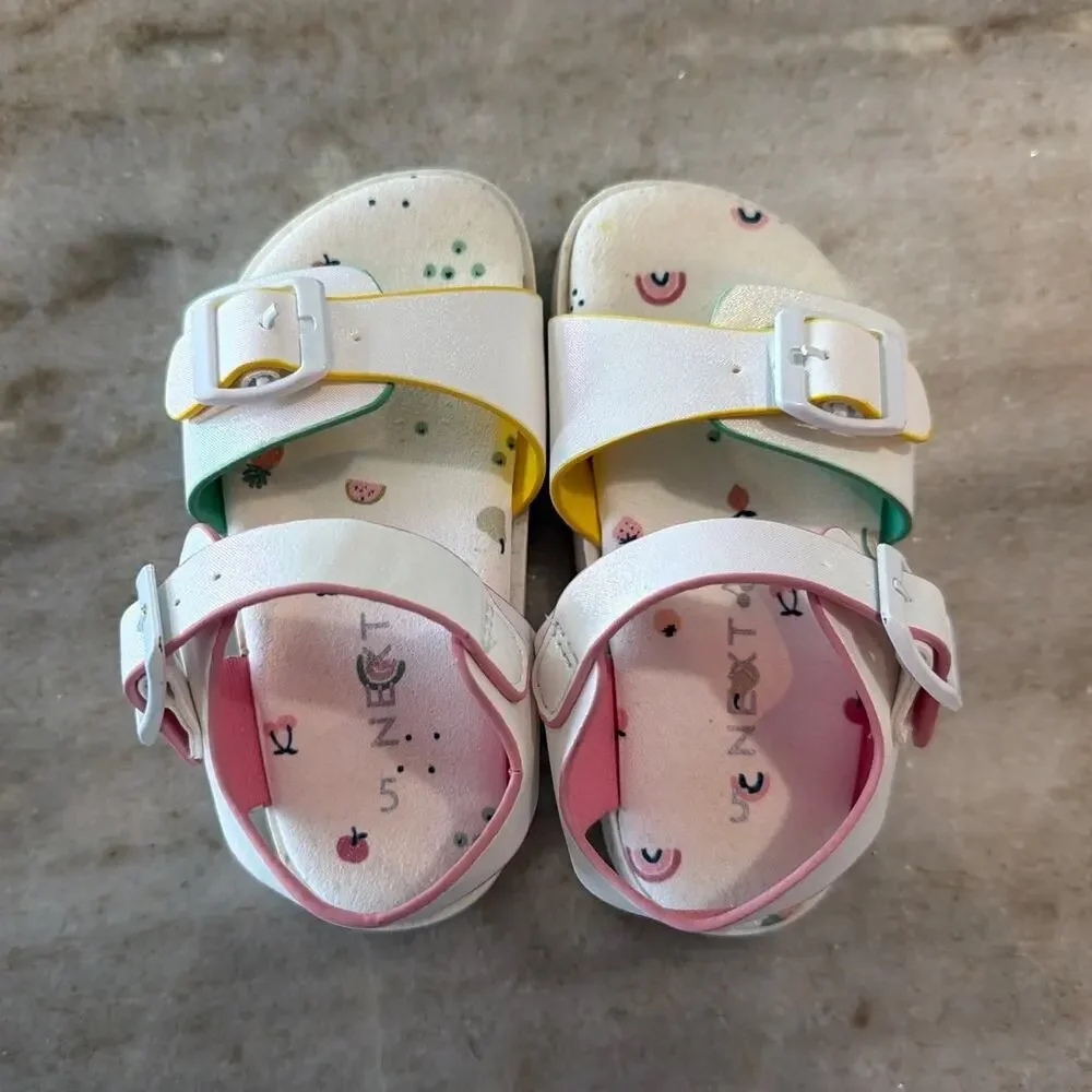 Next White Buckle Sandals with Fruit Print Footbed, Toddler Girls US Size 6